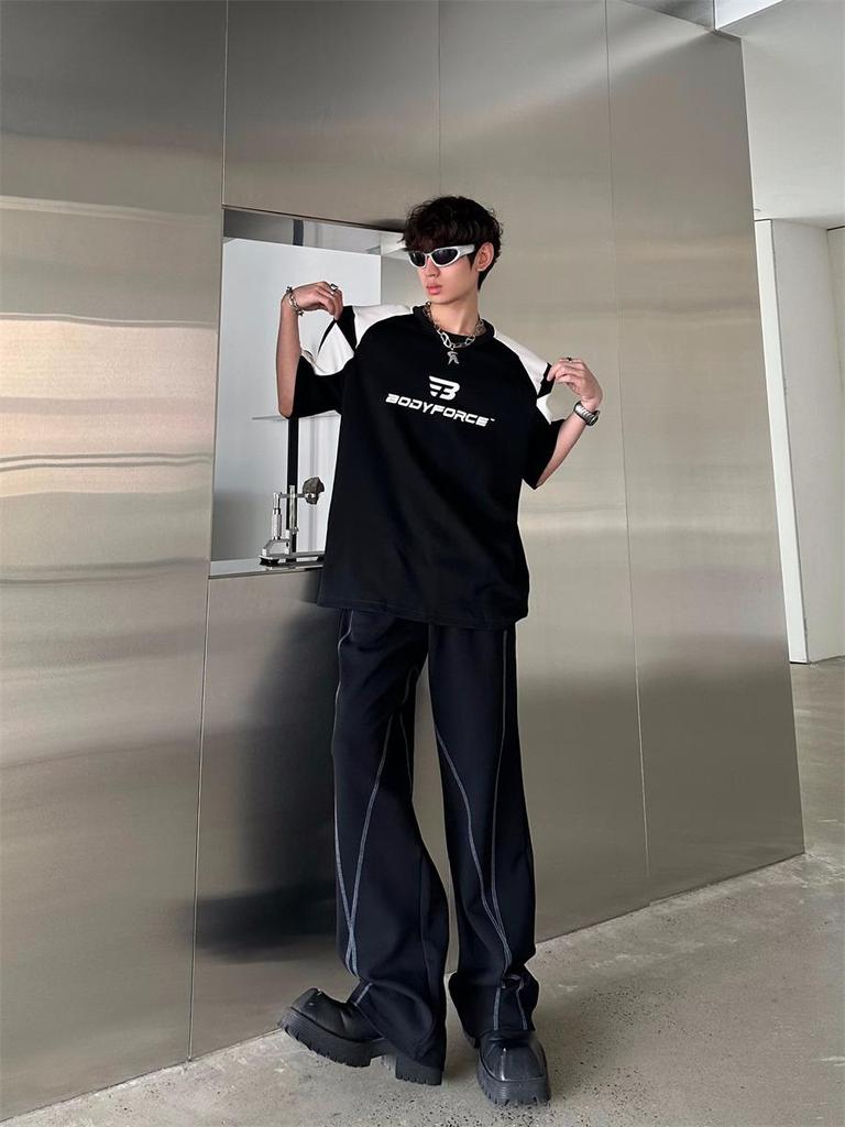 Унисекс футболка с цветными блоками и подплечниками - Мужской повседневный летний топ свободного кроя с коротким рукавом