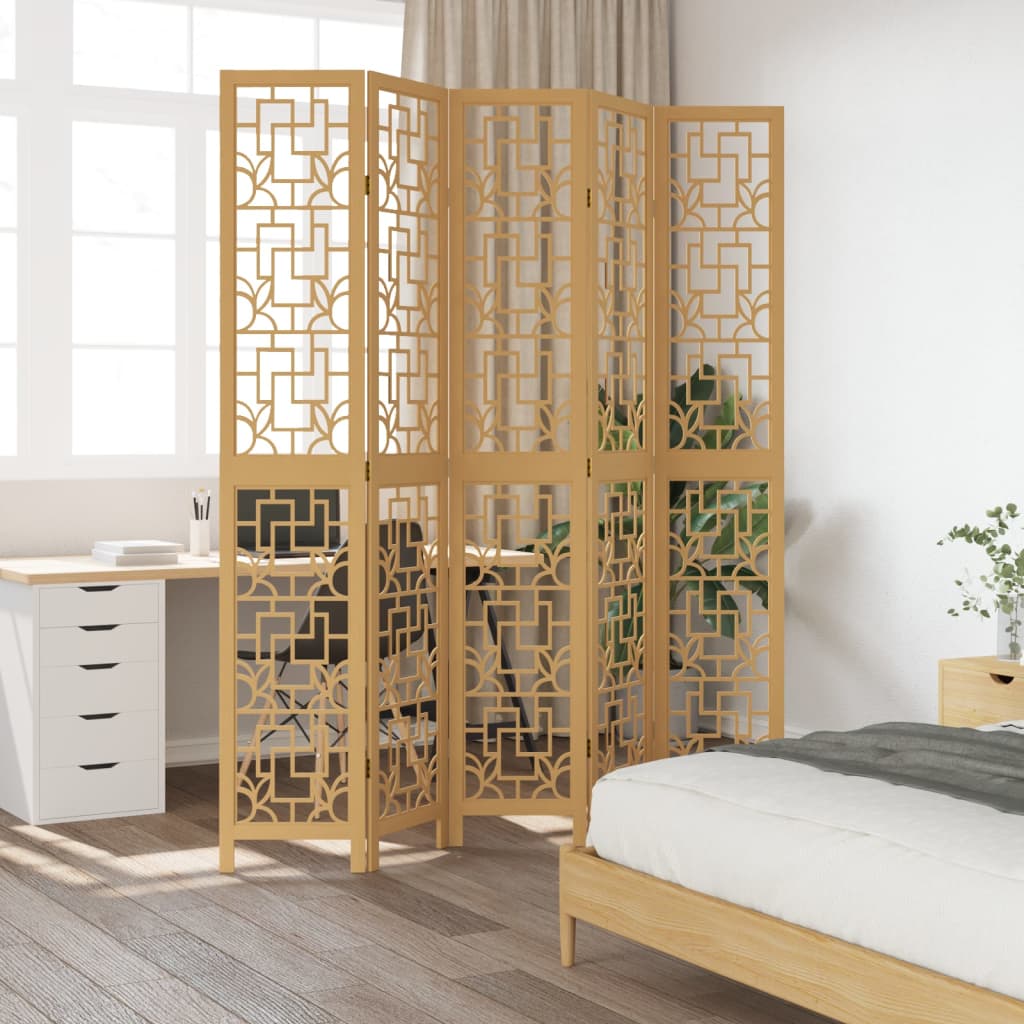 5 Panel Room Divider Brown Solid Wood Paulownia