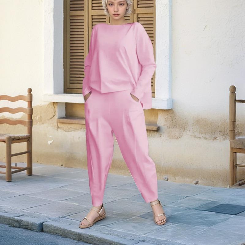 Модная повседневная рубашка с круглым вырезом и длинным рукавом, комплект из двух частей, свободные брюки, осенний однотонный костюм больших размеров с карманами, женская одежда 1846