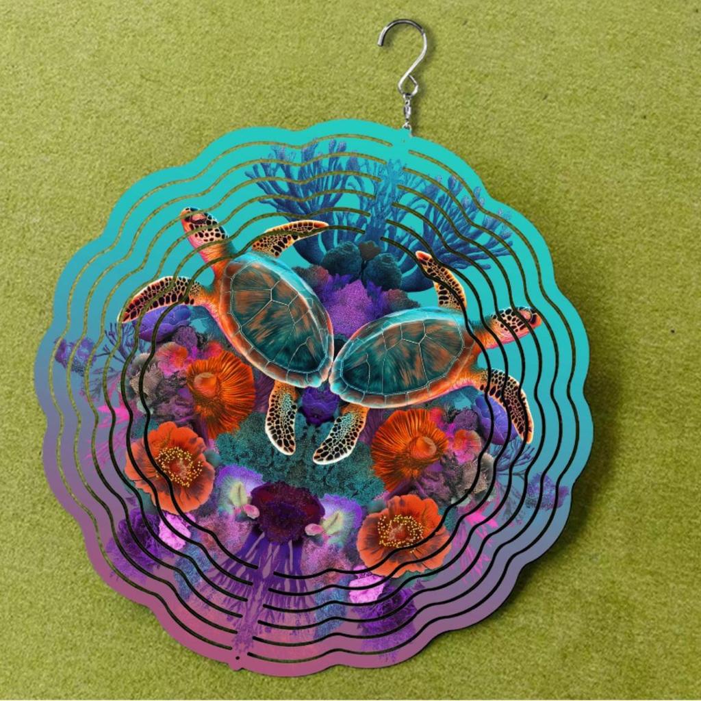 Turtle Floral Wind Chime 10 Inch Metal Outdoor Decor for Garden Balcony Vibrant Blue Green Orange Purple Hanging Ornament with 360 Swivel Hook