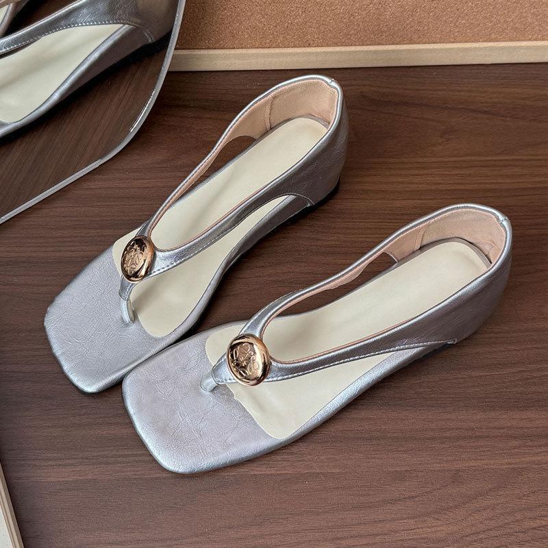 5Cm Inner Height Increase Metal Round Button Toe Sandals Female 2025 Summer New Purple Fairy Style Herringbone Cool Slippers