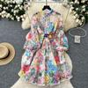 Elegant Embroidery Fancy Flower Lace Evening Maxi Dresses Women Spring Summer Single Breasted Printed Party Shirt Dress