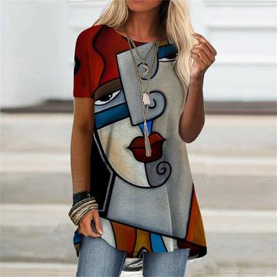 Винтажная футболка для женщин, футболка с абстрактным рисунком лица для девочек, классические футболки с короткими рукавами и ручной росписью, женские модные топы большого размера