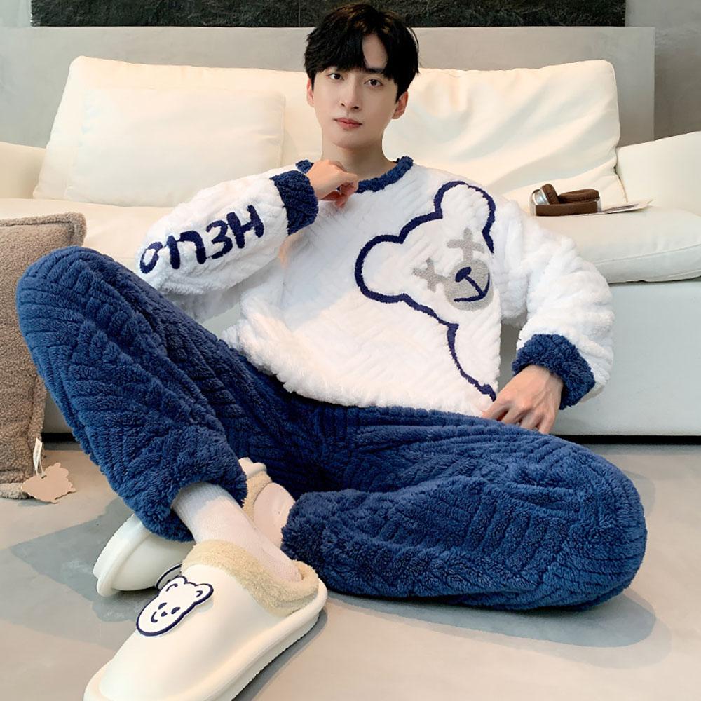 Мужской зимний пижамный комплект из утепленной фланели, теплая плюшевая пижама с рисунком медведя из мультфильма, удобная пижама с круглым вырезом для сна