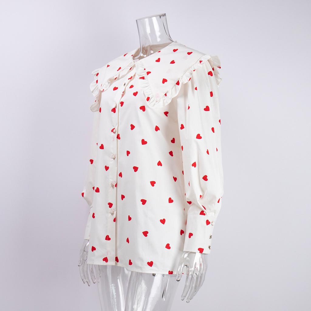 Spring and Autumn Women's Cotton Shirt Love Printed Shirt Doll Collar Lantern Sleeve Shirt