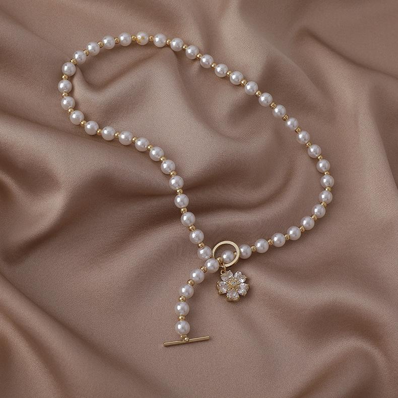 Zircon Flower Pearl Necklace Нишевый Дизайн 2025 Цепочка на Ключицы Летняя Универсальная Аксессуары с Застежкой OT
