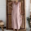 Beach Casual Loose Fit Midi Vintage Dress Women Summer O-Neck Sleeveless Pockets Vest Dress Beachwear