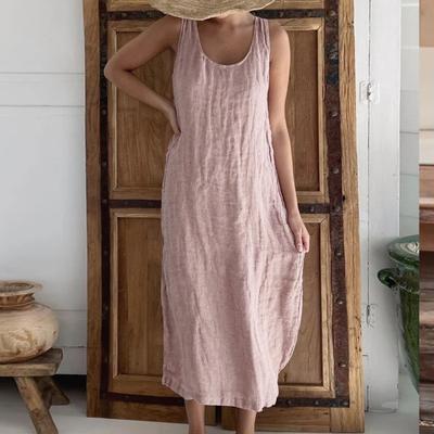 Пляжное повседневное свободное платье миди в винтажном стиле, женское летнее платье с круглым вырезом и карманами без рукавов, жилет, пляжная одежда