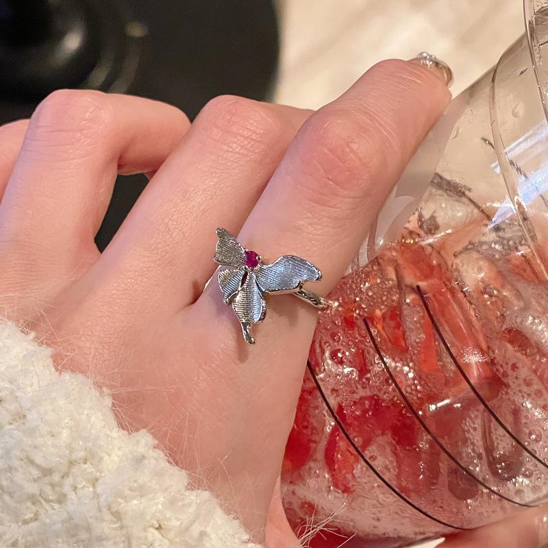 Medieval Brushed Imitation Pigeon Blood Red Ruby Open Ring, High-End Personality Diamond-Set Super Fairy Temperament Accessories