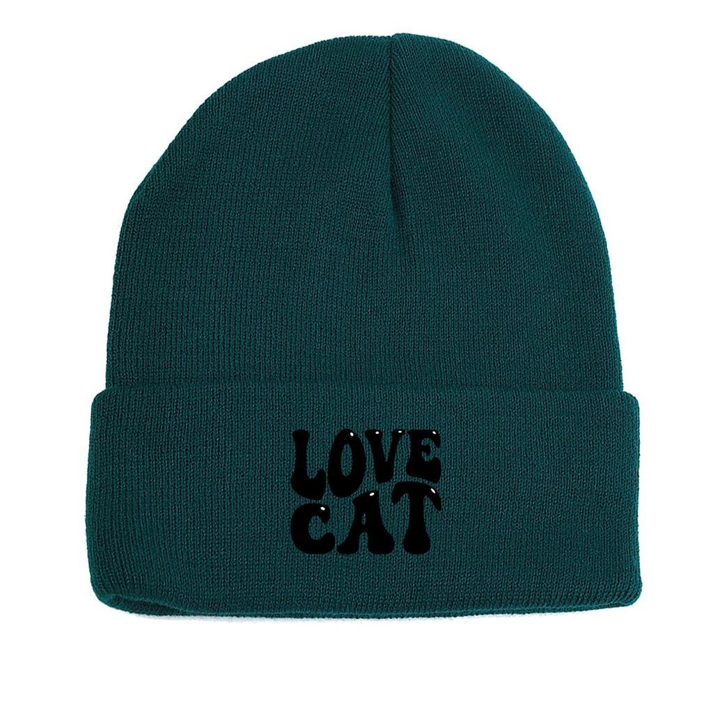 LOVE CAT" Print Knit Cap Beanie, Animal Man Cap Windproof Candy Color Trendy Pompom Beanies Knitted Hat Beanie