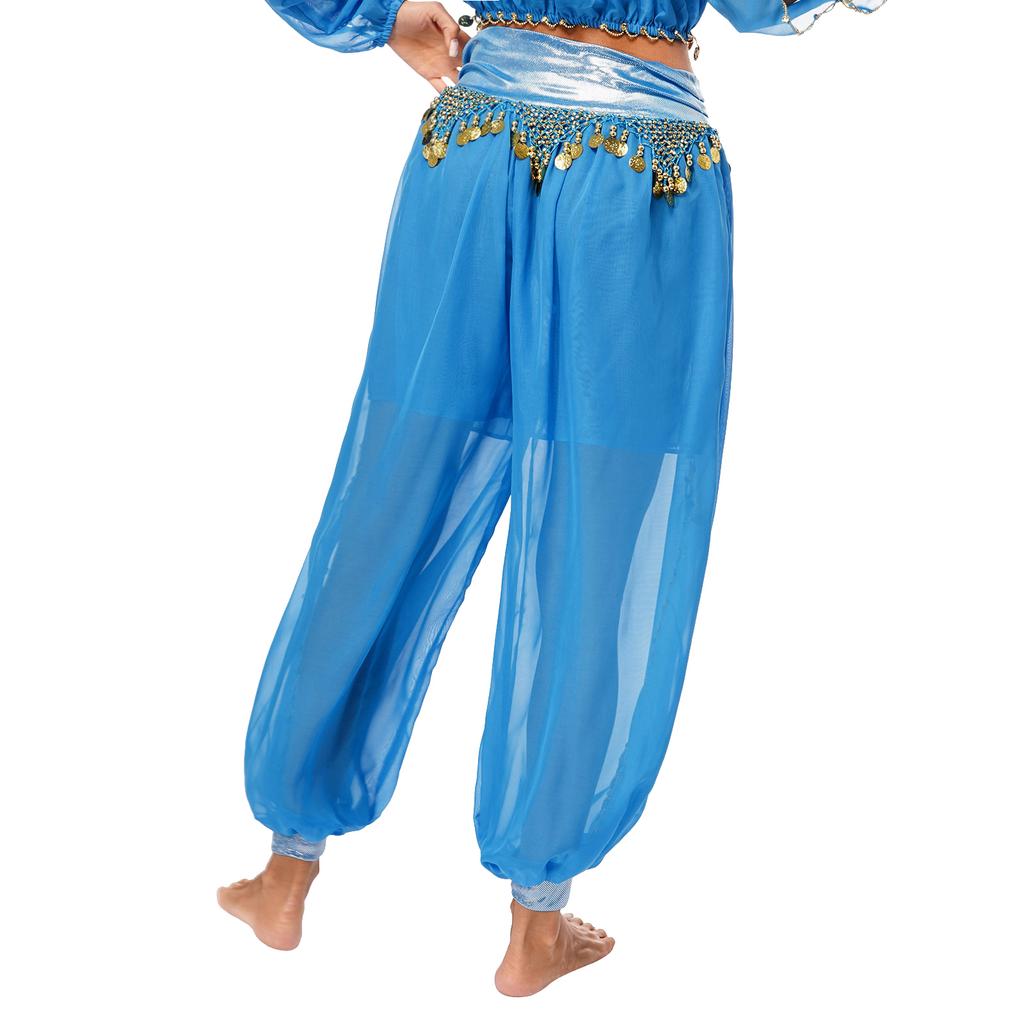 Womens Belly Dance Costume Chiffon Bloomers Plastic Beads Tassels Metallic Ruched Waistband Side Split Pants