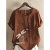 Women's Summer Fashion Casual Linen Shirt Round Neck Printing T-shirt Short Sleeve Tops Loose Blouse XS-5XL