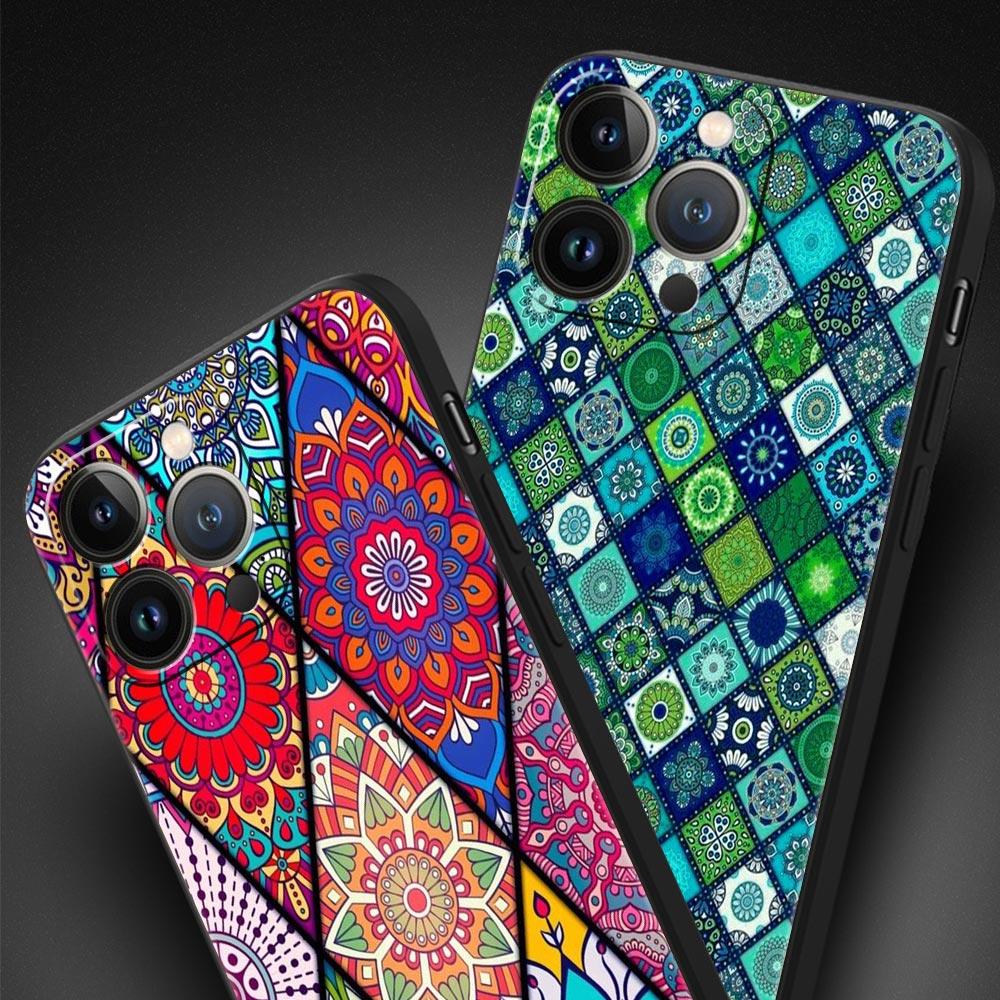 Цветочный тотем мандалы Роскошный чехол для телефона Для iPhone 13 15 14 12 11 Pro MAX XR X SE XS 7 8 Plus Силиконовый Черный Защитный чехол