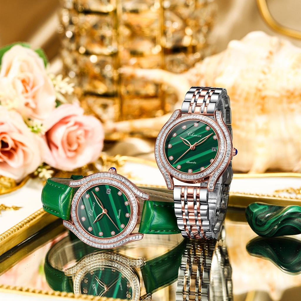 New TOP Brand Luxury Women's Watch With Box Fashion Watch Leather Waterproof Green Watch Women's Quartz Watches