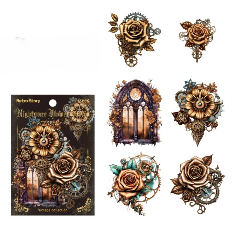 12 шт. набор декоративных наклеек серии Dark Night Flower, ретро-коллаж с розами, этикетка для скрапбукинга, дневник, альбом, журнал, планировщик
