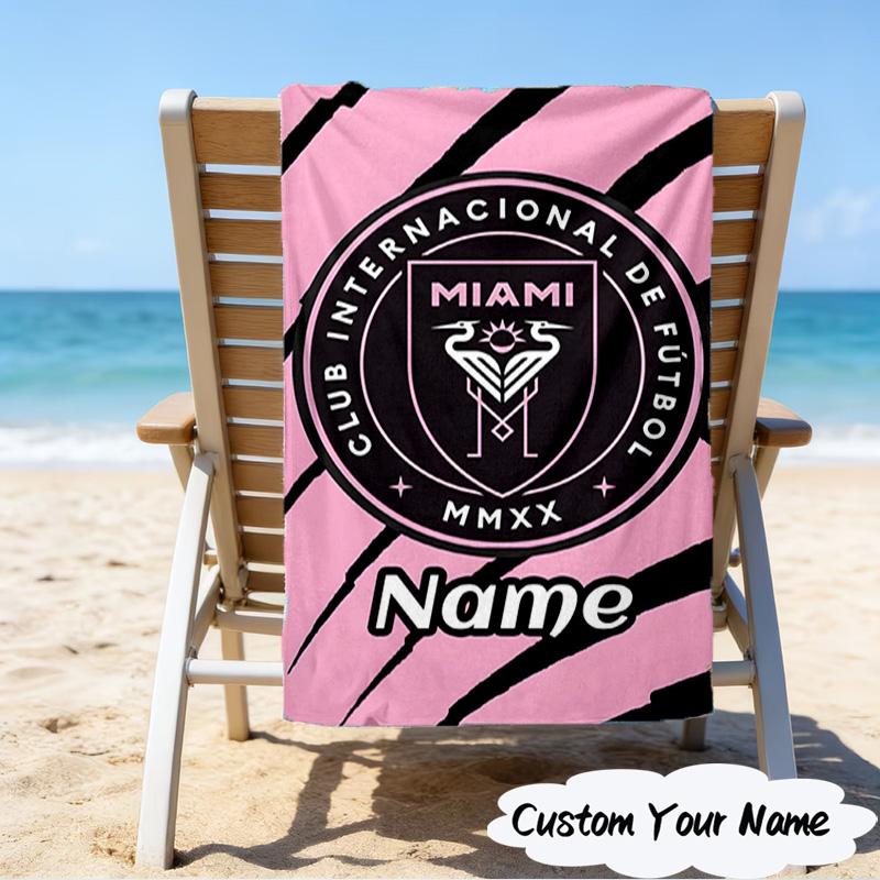 Custom Name Beach Towel International Miami Football Club Beach Towel, Suitable for Camping, Travel, Beach Accessories, Super Absorbent, Family Gift