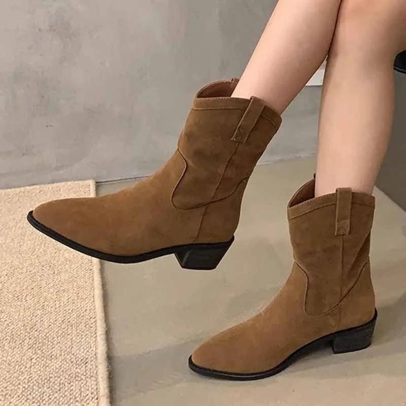 Женские ботильоны из массивной замши, элегантные туфли на среднем каблуке для ходьбы, женские туфли-лодочки 2024 года, зимние туфли-лодочки, дизайнерские повседневные готические туфли-лодочки