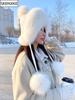 Winter Women Real Fox Fur Hat Fashion Casual Outdoor Warm Knitted Hats Girl Lovely 100% Natural Fox Fur Ear Cap Bomber Caps