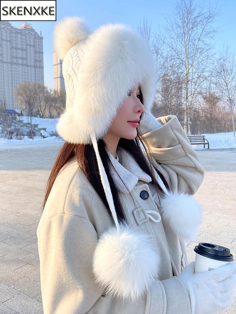 Winter Women Real Fox Fur Hat Fashion Casual Outdoor Warm Knitted Hats Girl Lovely 100% Natural Fox Fur Ear Cap Bomber Caps
