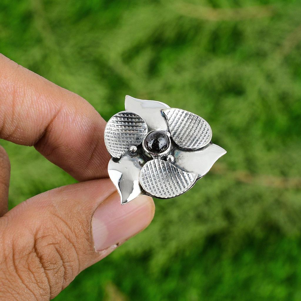 Natural Tourmaline Gemstone 925 Silver Promise Flower Adjustable Ring For Girls