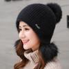 New High Quality Warm Hat Women Rabbit Fur Winter Hat Female Fashion Add Fur Lined Pompoms Knitted Hat