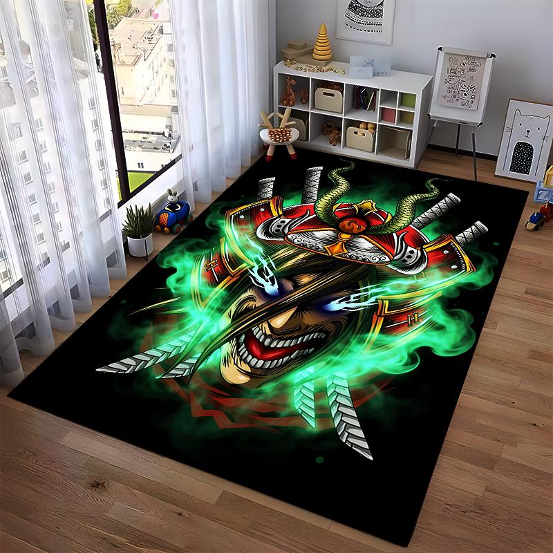 Samurai Mask Design Carpet with Green Smoke and Sword Patterns Suitable for use as an anti-slip for living room bedroom sofas