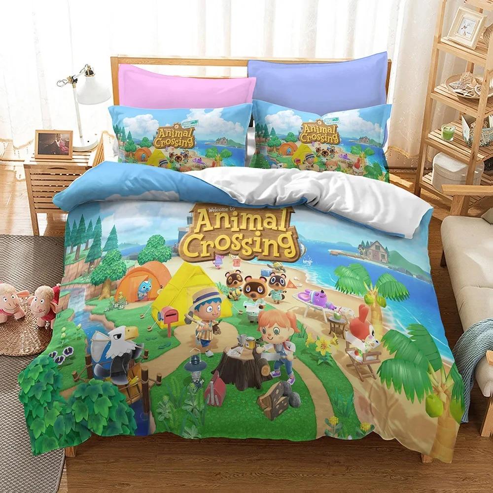 Комплект постельного белья Cartoon Animal Crossing для мальчиков и девочек, двуспальный размер, пододеяльник, наволочка, детская кровать, взрослая мода, домашний текстиль