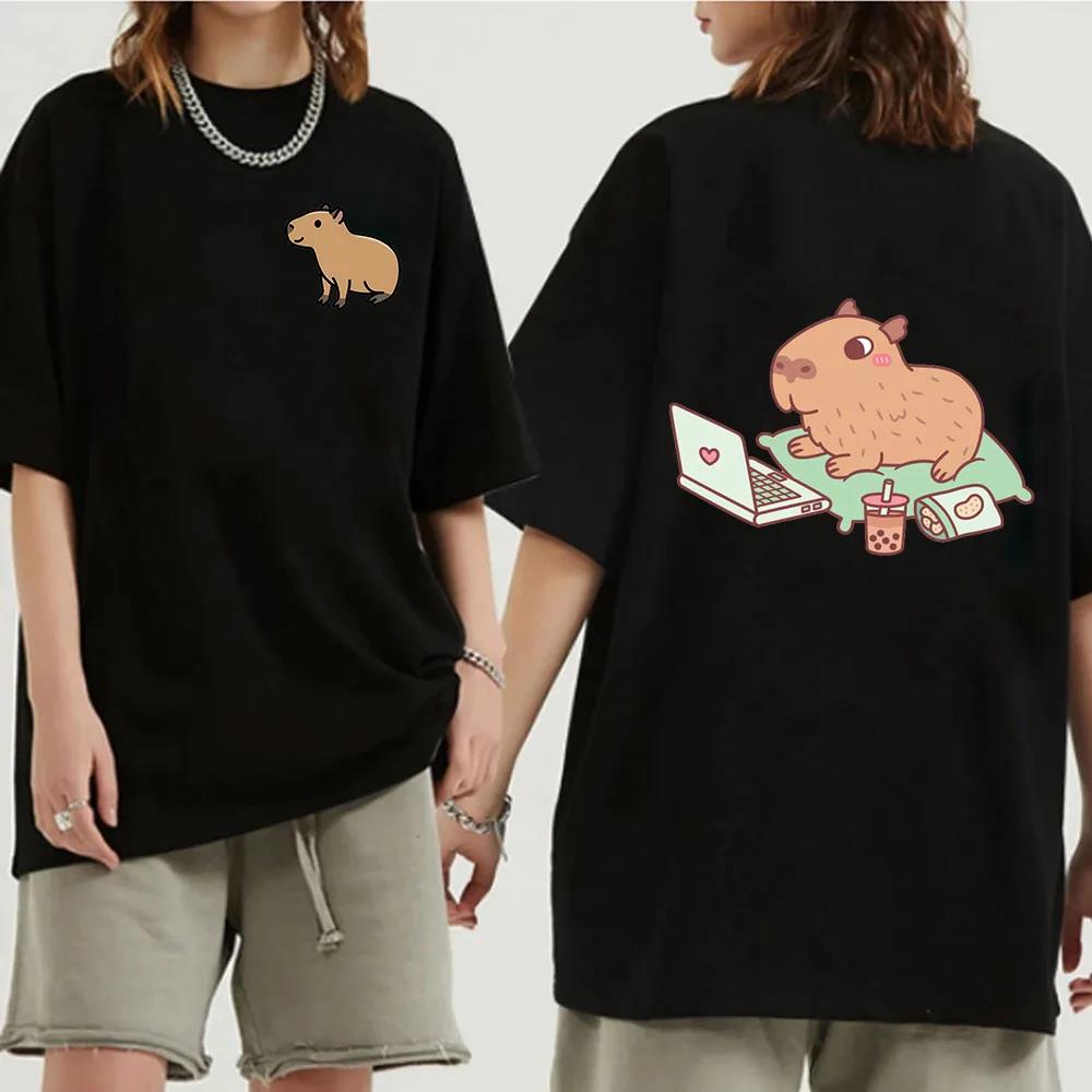 Funny Animals Capybara Cartoon Print Fashion Harajuku Harajuku Short Sleeve T-shirt Clothing Street Tops Tees Aesthetic Clothes