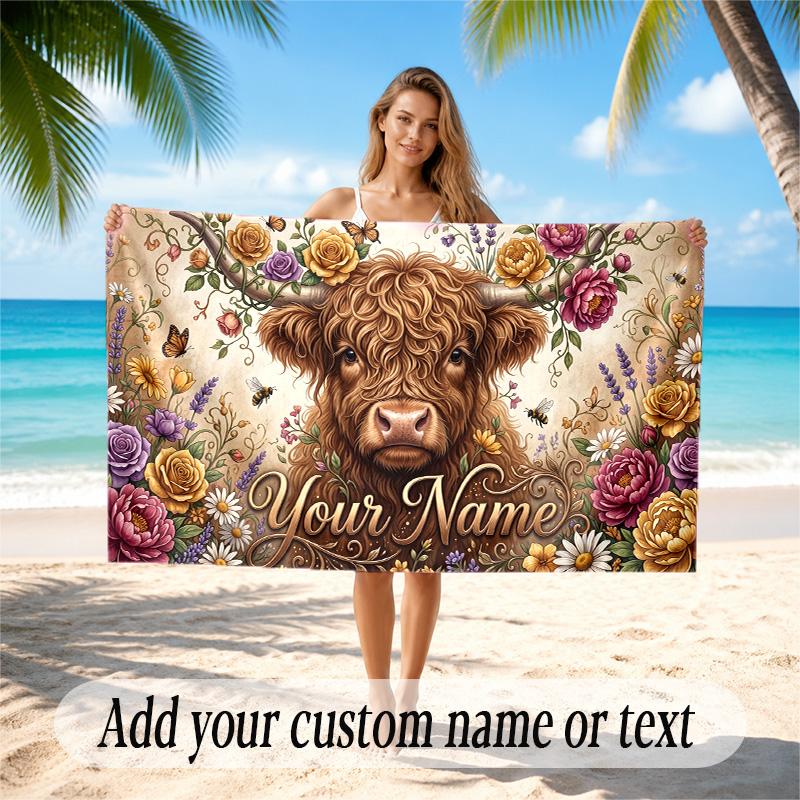 Highland Cow Theme Quick Dry Beach Towel Custom Name Text Print Large Sand Resistant Towel Beach Vacation