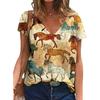 Summer V-neck 3D Retro Western Cowboy Printed Top Fashionable Casual Short Sleeved Women's T-shirts