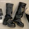 Women High Boots Platform High Heels Leather Shoes Woman Trend Goth Winter New Punk Knee High Motorcycle Botas De Mujer