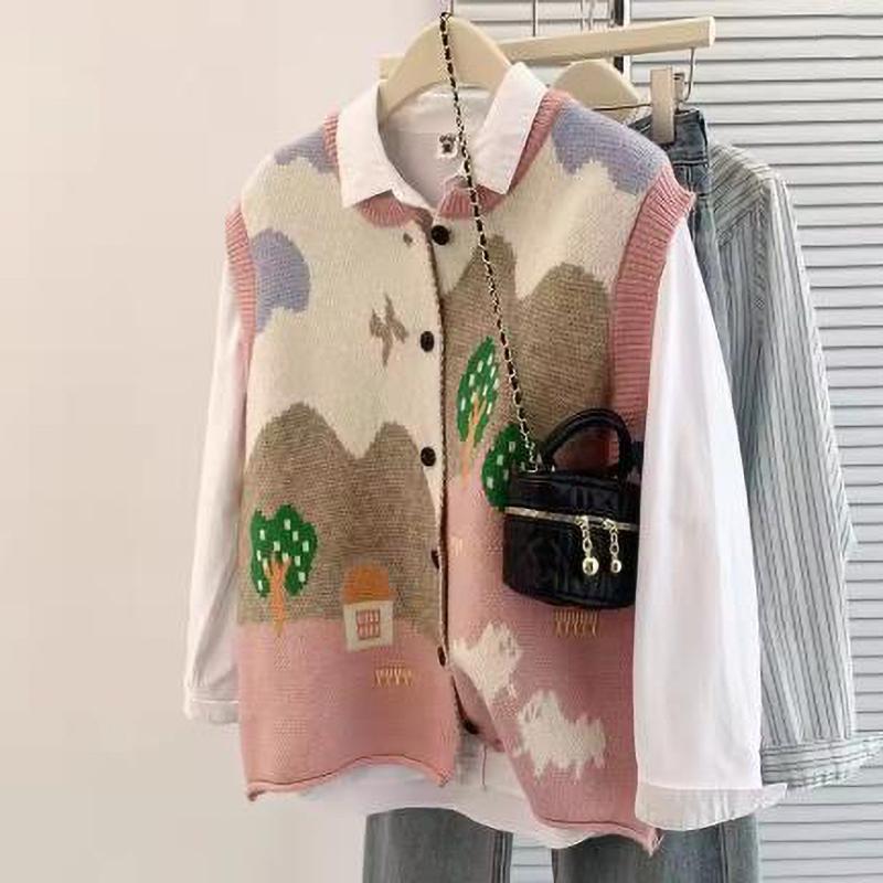 Осенне-зимний кардиган-жилет из жаккардового трикотажа для женщин, оверсайз, без рукавов
