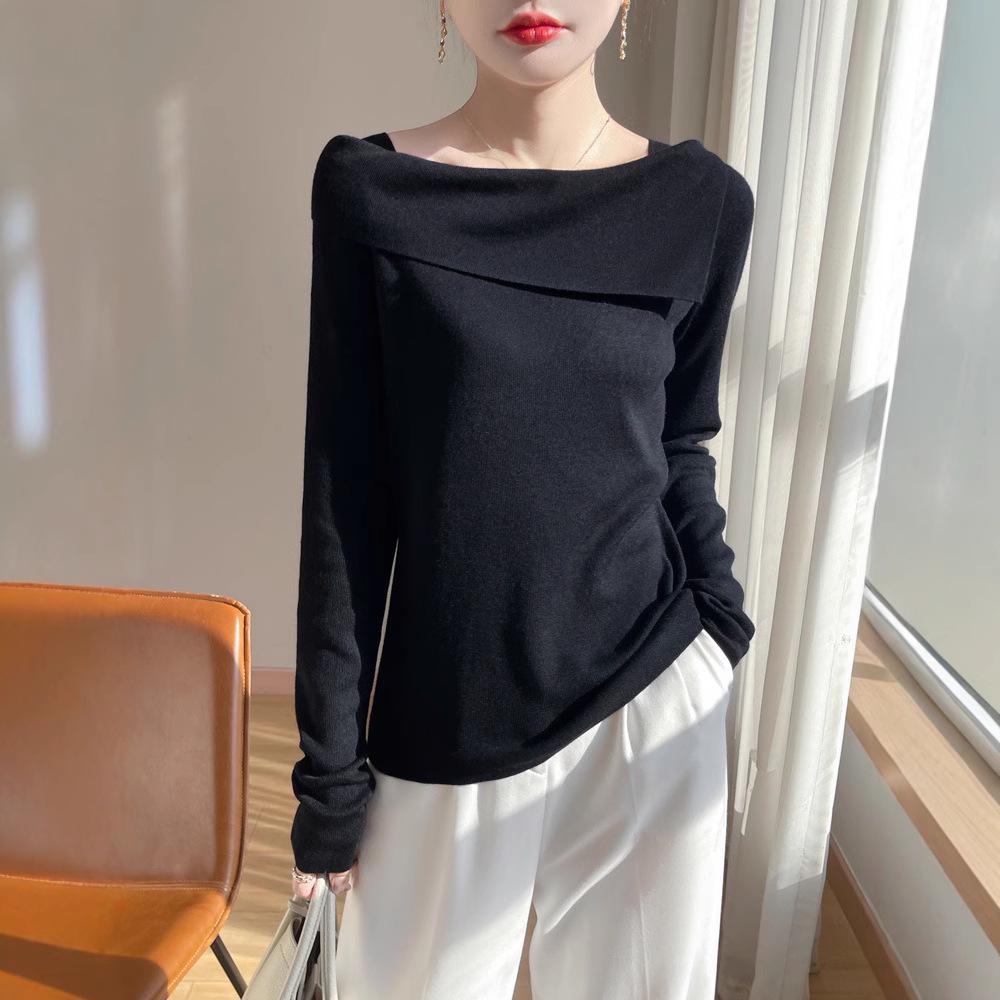 Women's One-Shoulder Irregular Long-Sleeve Knit Top - Spring/Summer, French-Inspired, Imitation Wool, High-Quality.