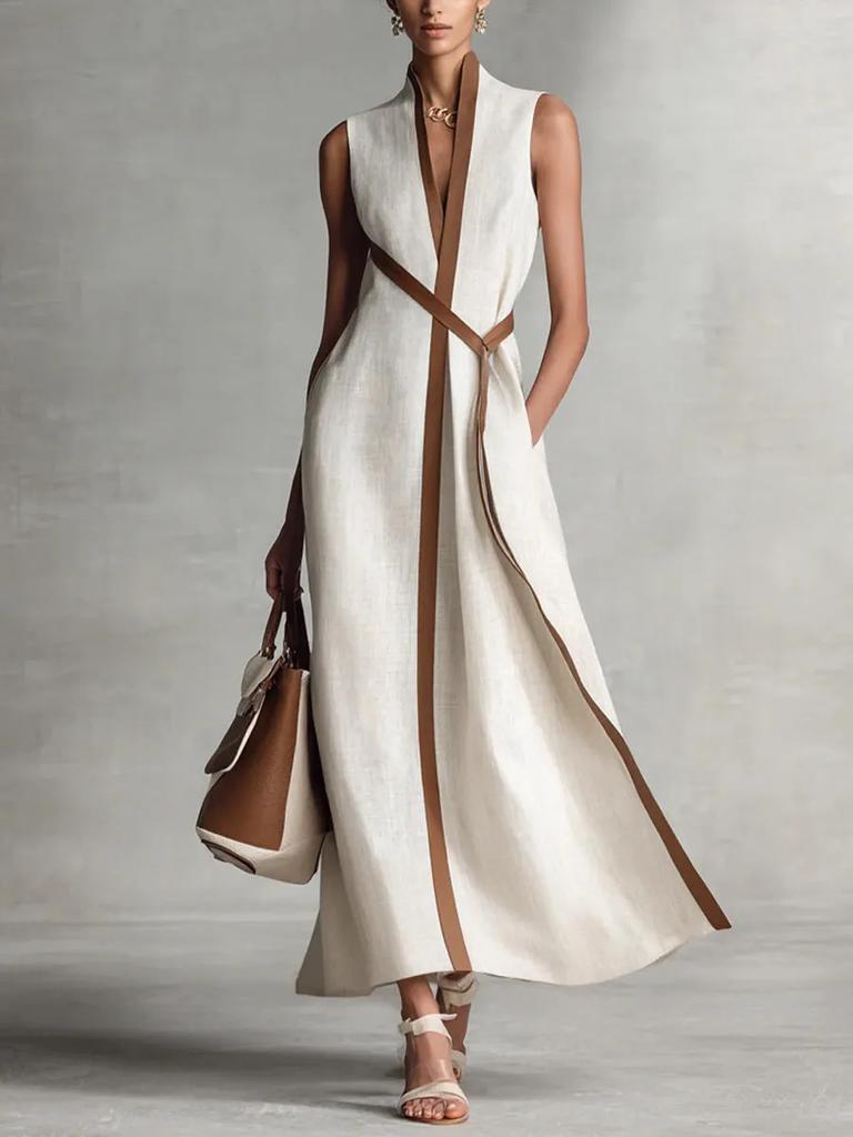 Women's clothing contrasting color sleeveless V-neck cotton and linen temperament elegant dress women