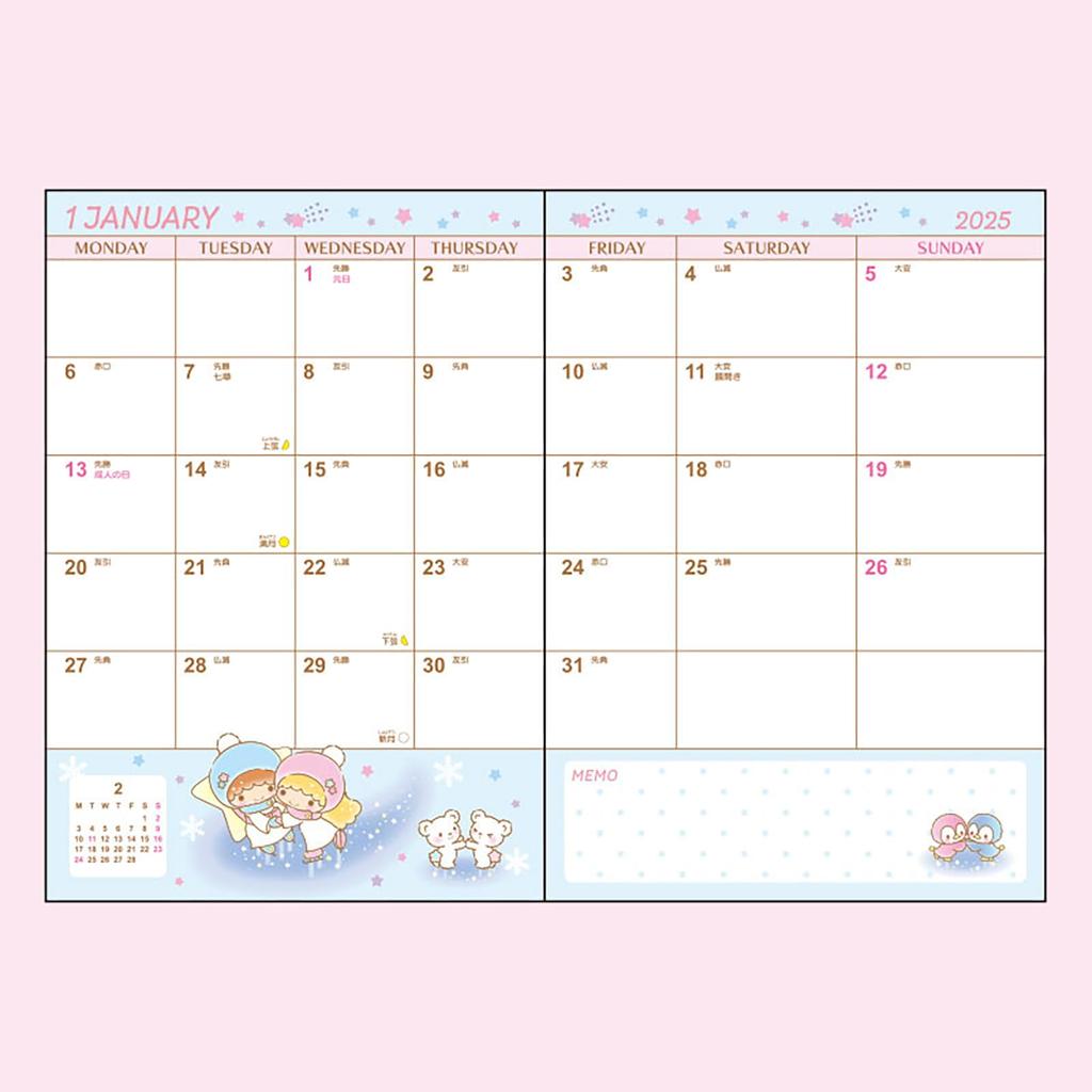 Sanrio B6 Diary Little Twin Stars 2025 Блокнот октябрь с наклейкой-расписанием и закладкой 456322 (Тип блока) (Начиная с 2024 г.)