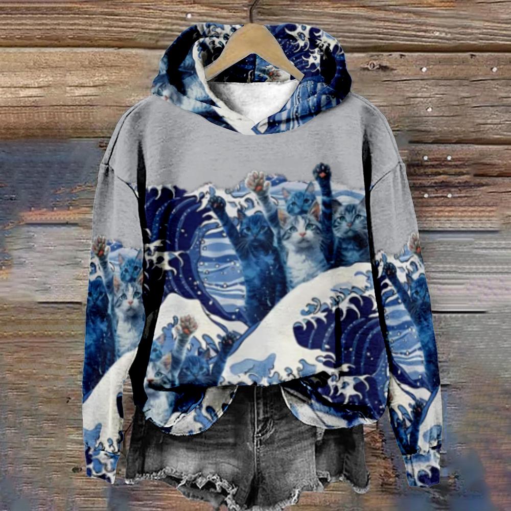 Толстовка с капюшоном Kawaii Cat для женщин Kanagawa Surf and Cat Harajuku с длинным рукавом, повседневная