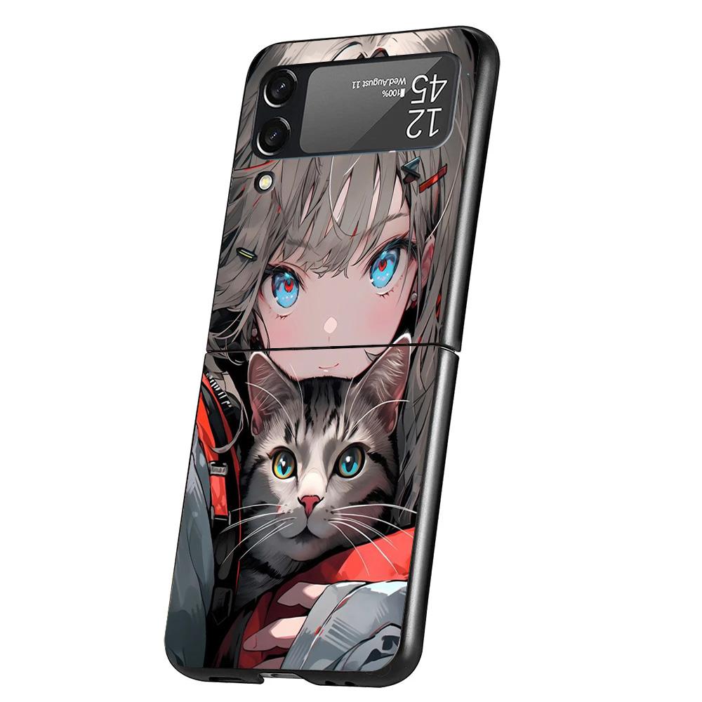 Anime Girls Cute Black Cat Cover Phone Case For Samsung Galaxy Z Flip 7 6 5 4 3 5G Flip7 Flip6 Flip5 Flip4 Flip3 Black Fundas Sh
