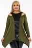 Женская туника больших размеров. Асимметричная туника с длинными рукавами, воротником с открытыми плечами и кожаными вставками спереди.