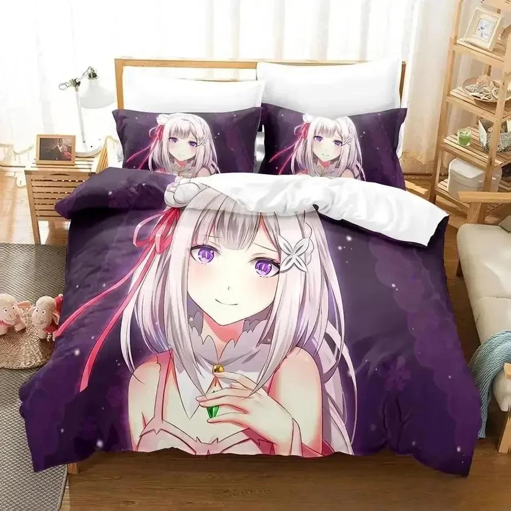Comforter 3D Anime Re Zero Rem Ram Emilia Bedding Set Bed Set Comforter King Queen Size Boys Adult