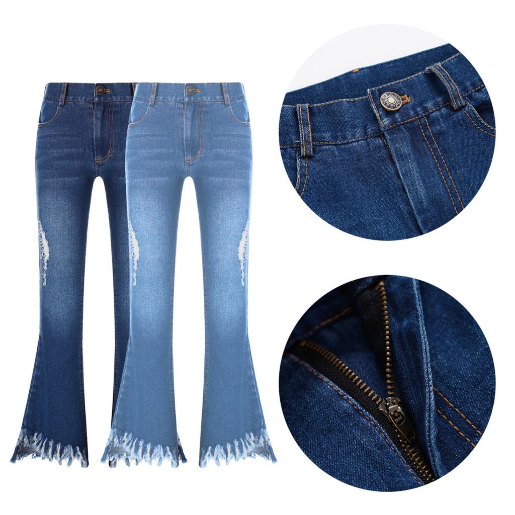 Джинсы для девочек, длинные джинсовые брюки с рваными краями, брюки для школьной повседневной одежды
