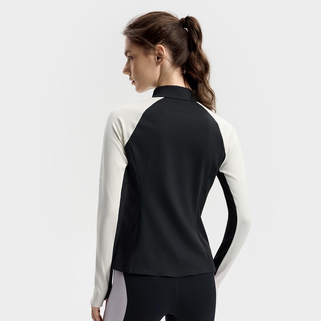Fila Fitness Casual Simple Versatile Elastic Comfortable Spliced Half-Zip Knitted Long Sleeve T-Shirt Women Tops A11W541205FBK