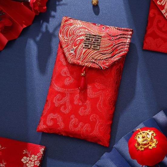 Chinese Red Envelope Embroidered Satin Cash Envelope Lucky Money Envelope Pocket for Wedding Spring Festival Banknotes Gift