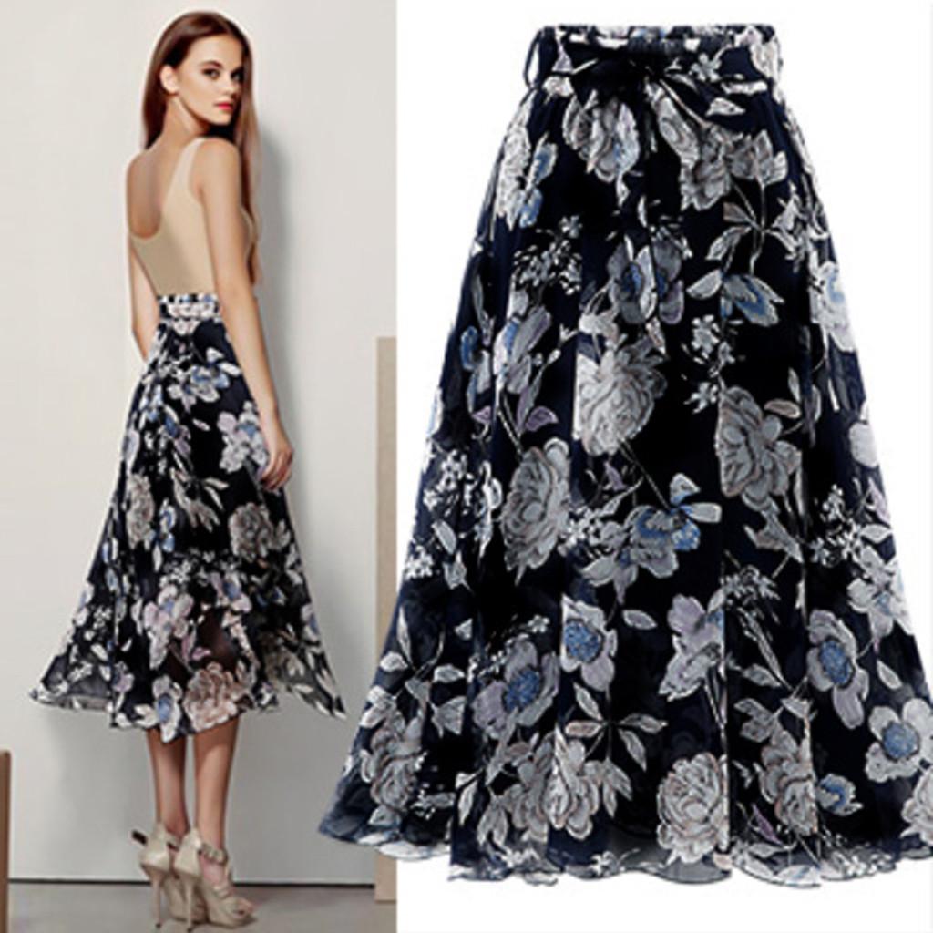 Womens Plain Knee Length Soft Stretch Flared Printed Skater Midi Skirt