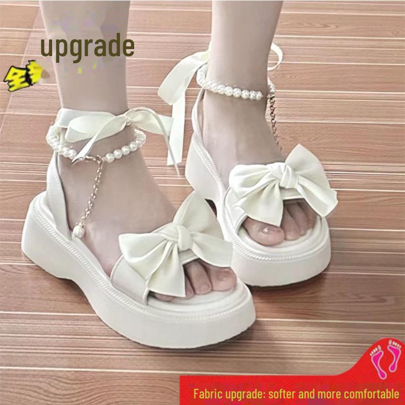 Women's 2024 Summer Fairy Style Platform Sandals with Bow, Thick Sole, Pearl Accent, and One-Strap Design