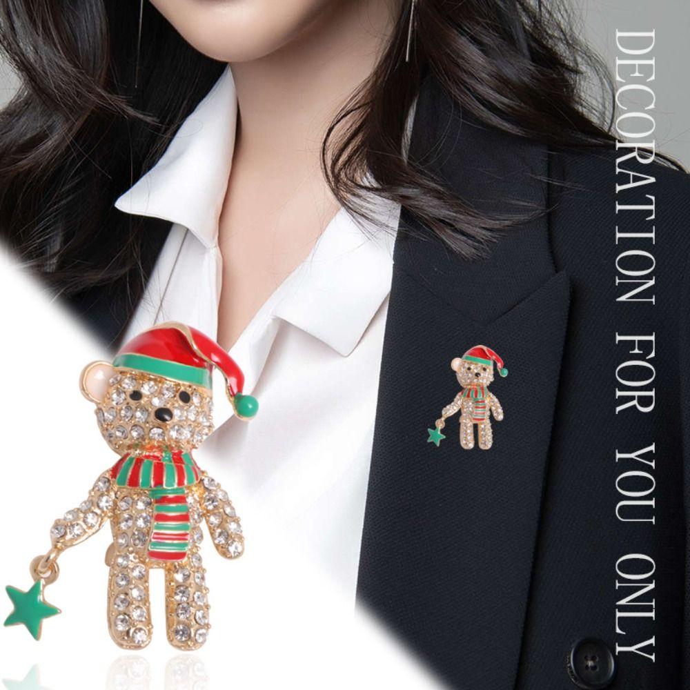 Full Rhinestone Cartoon Collar Pin Cartoon Christmas Bear Brooch Unique Decoration