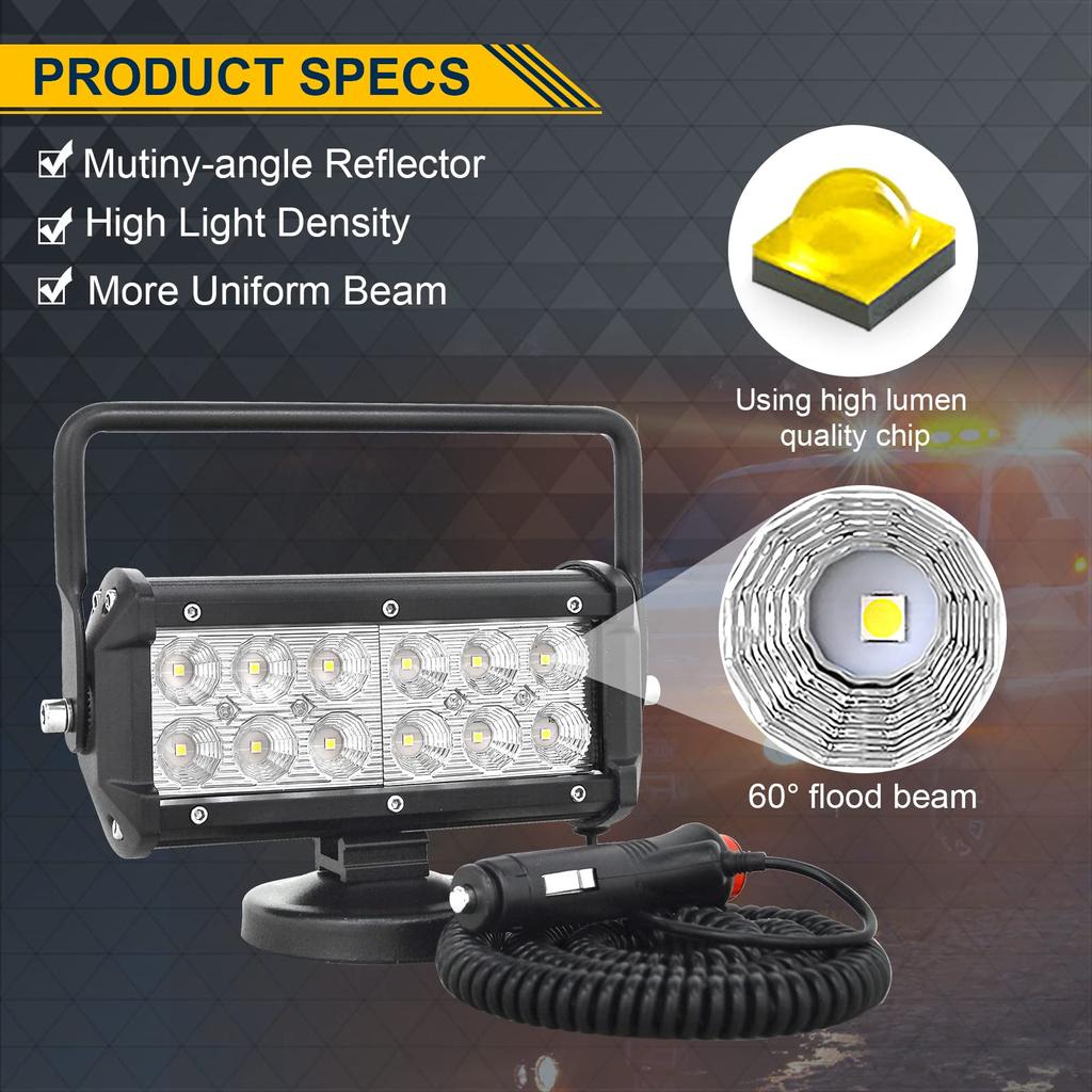 1 шт. Ручной рабочий светильник 7 дюймов 36 Вт с магнитным основанием, светодиодный широкоугольный прожектор 6000 К, водонепроницаемый и пылезащитный 12 В/24 В, универсальный