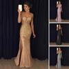 Women Evening Dress V Neck Mesh Patchwork Sequin Sleeveless Split Hem Mermaid Shape Slim Fit Party Banquet Bride Maxi Dress