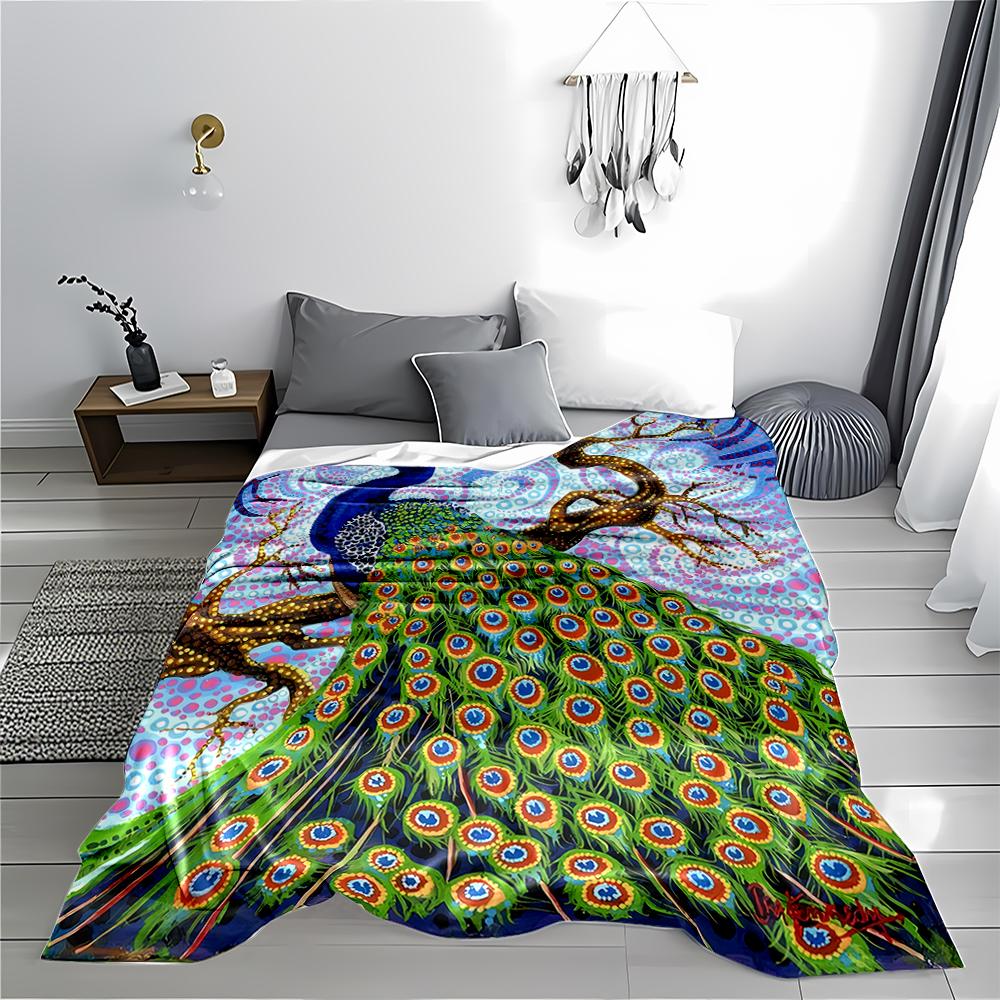 Colorful Peacock Print blanket with Tree and Vivid Abstract Design blanket, suitable for use in the bedroom, living room, on the sofa