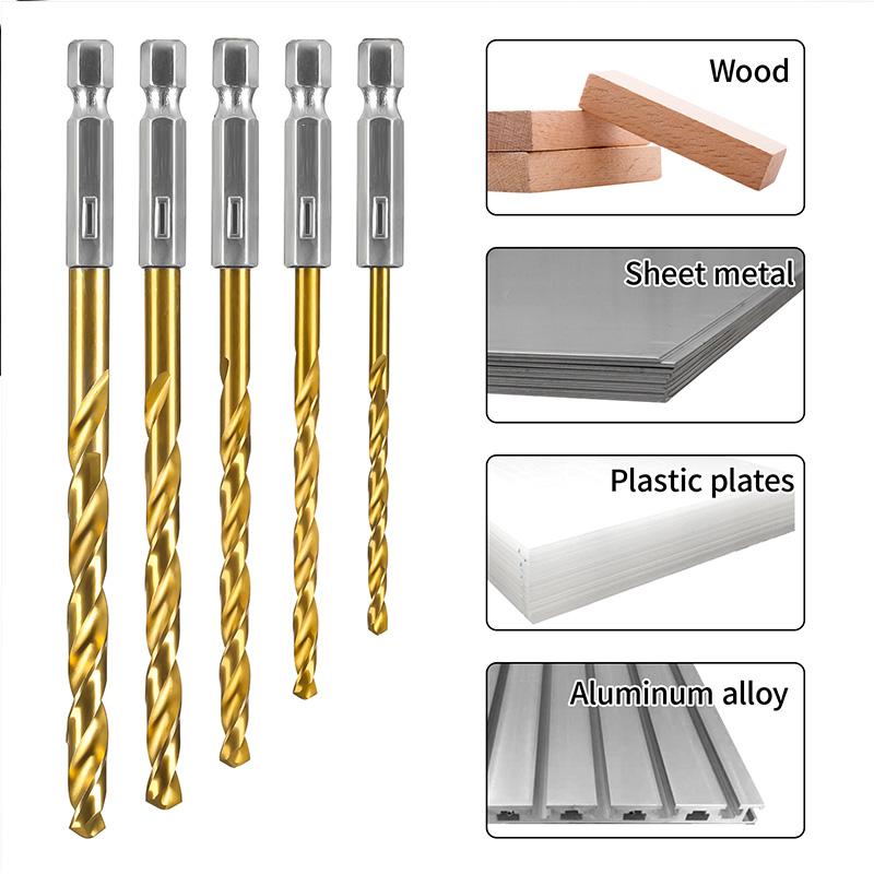Drill Bit Set 1/4 Hex Shank Handle HSS High Speed Steel Titanium Coated Hexagon Wood Soft Metal Plastic PVC Hole Cut Power Tool