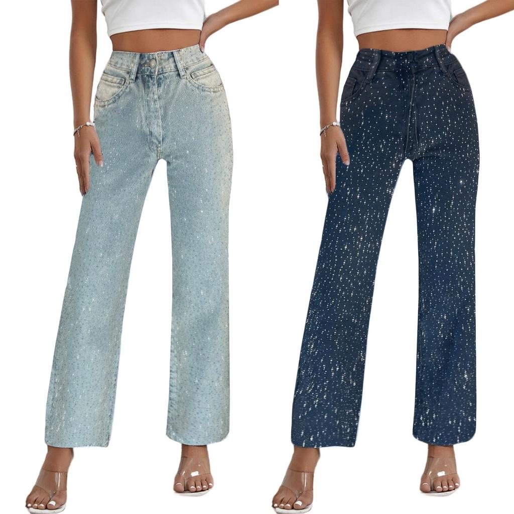 Women's Full Diamond Jeans Casual Vintage Baggy Straight Wide Leg Denim Pants
